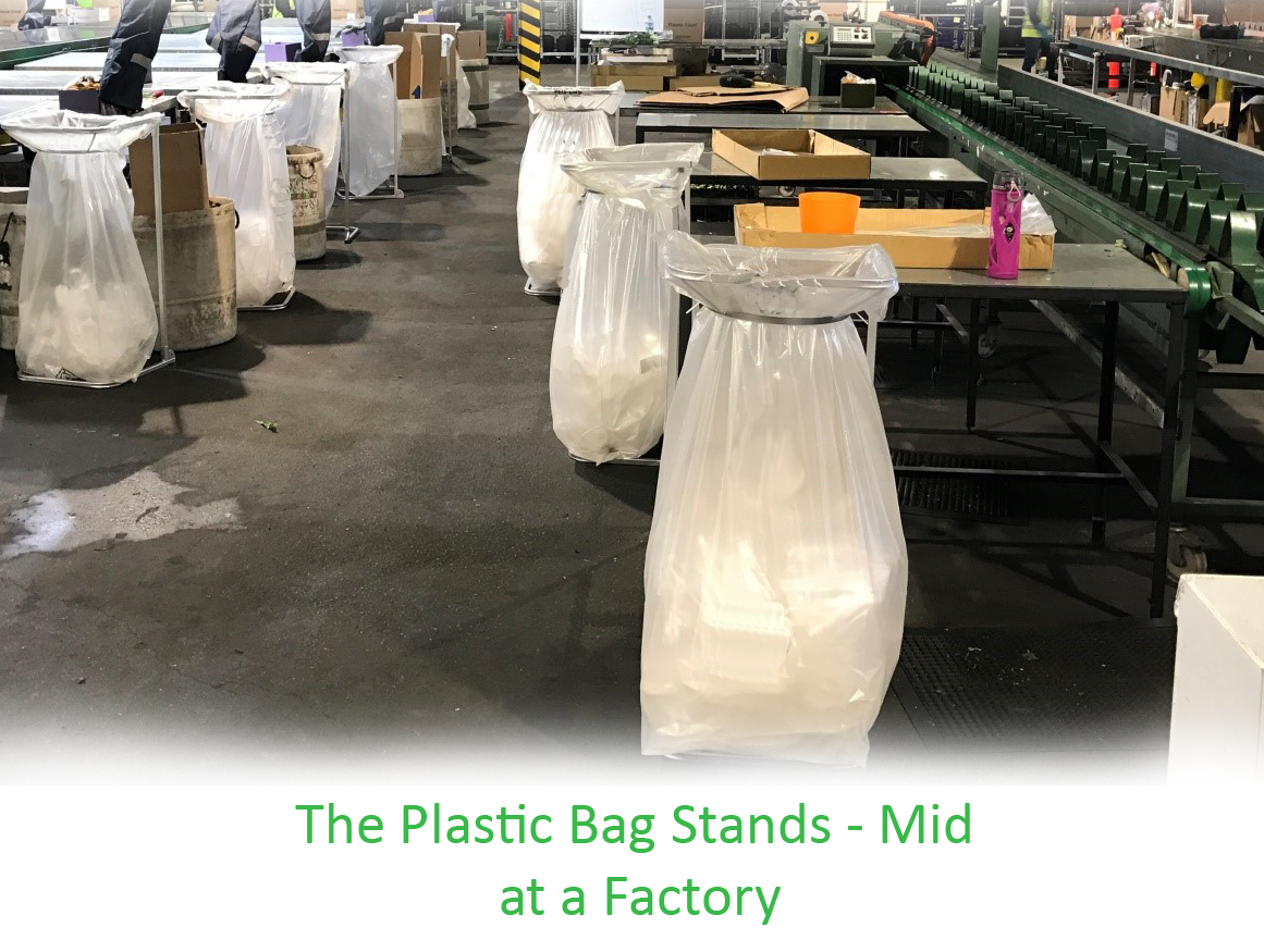 Plastic bag stands in factory setting